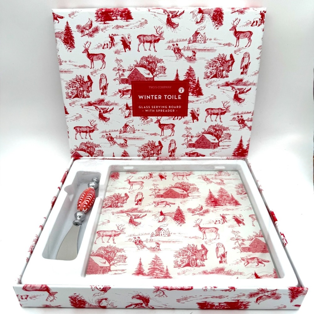 Two's Company Winter Red Toile Glass Serving Board & Spreader Set ~ Holiday Gift